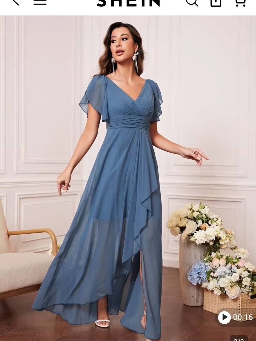 SHEIN Dusty Blue V‑Neck Flutter Sleeve Chiffon Maxi Dress